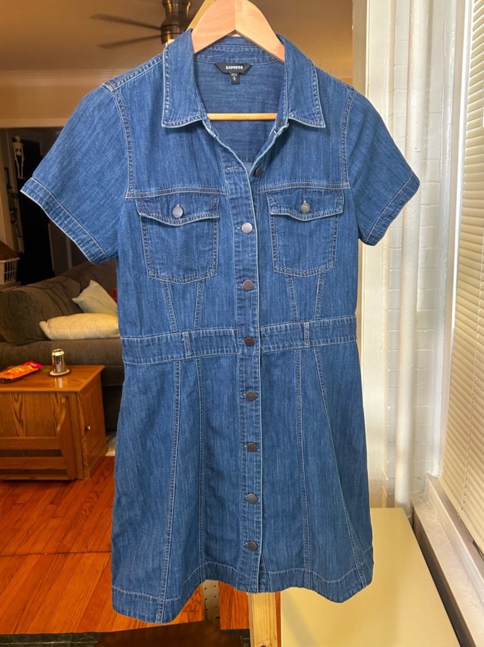 Express Short Sleeve Denim Utility Shirt Dress Blue Medium with Front Buttons